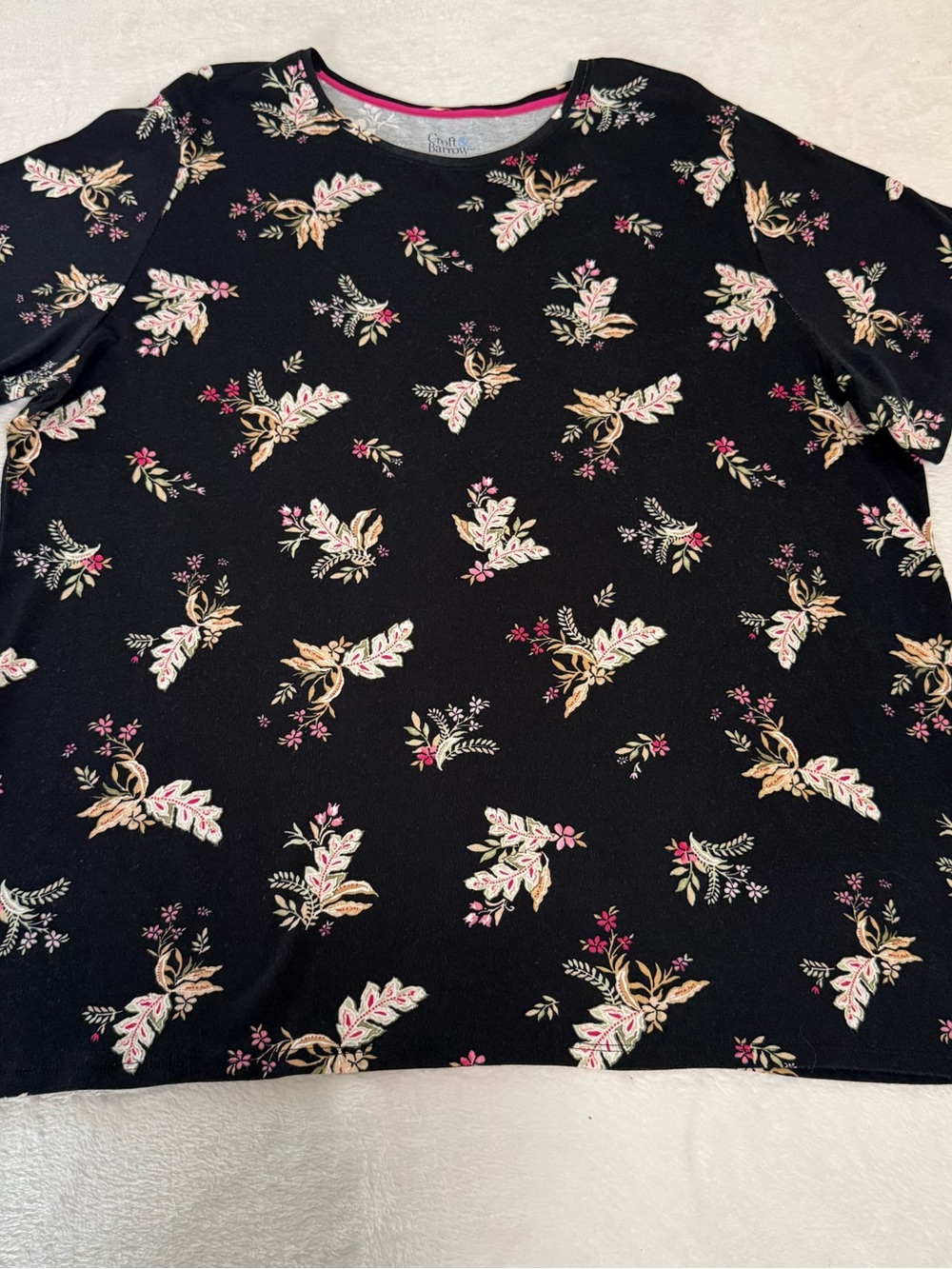 Croft & Barrow Womens Plus 2X Black Floral Classic Tee Short Sleeve Cotton
